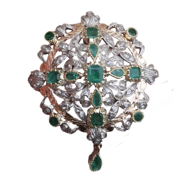 Broche/Pendentif Or & Argent, Diamants & Emeraudes.